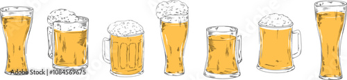Glass pilsner beer set collection vector illustration for your company or brand banner set refreshing cool beverage with foam, Octoberfest, pub bar menu design alcohol drinks