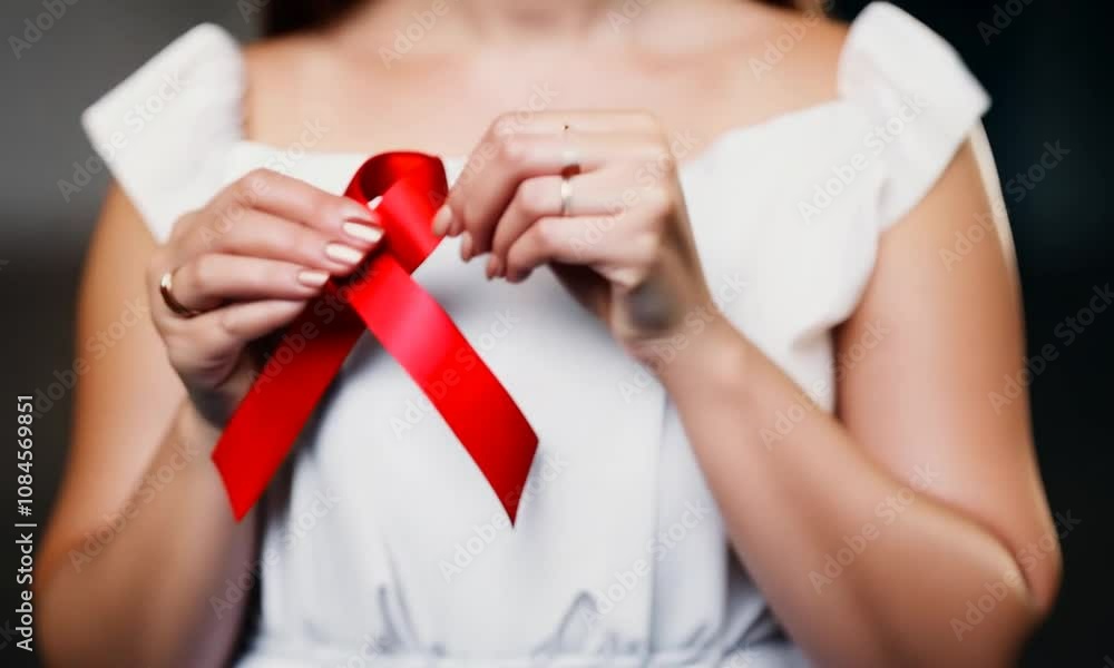 World aids day and national HIV/FAIDS and ageing awareness month with red ribbon on woman hand support World aids day and national HIV/FAIDS and ageing awareness month with red ribbon on woman hand support