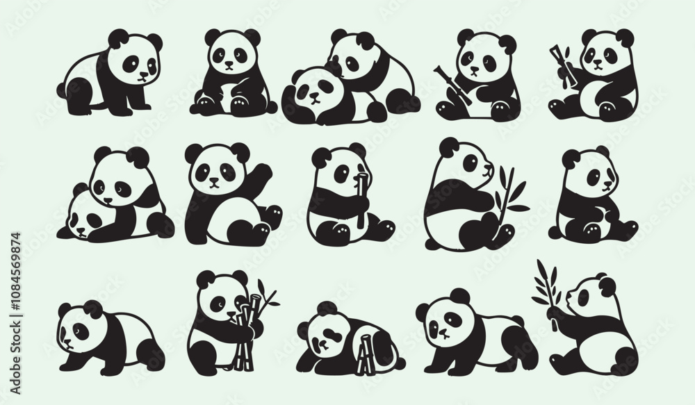 Obraz premium Adorable panda bears vector bundle featuring cute clipart, cartoon, and line art designs.