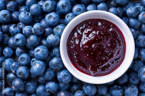 Blueberry jam on white bowl on pile of fresh blueberries background. Top view, flat lay