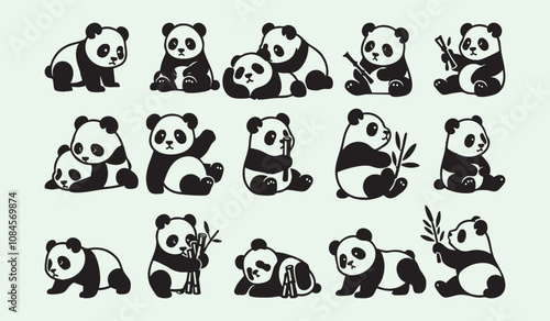  Adorable panda bears vector bundle featuring cute clipart, cartoon, and line art designs.