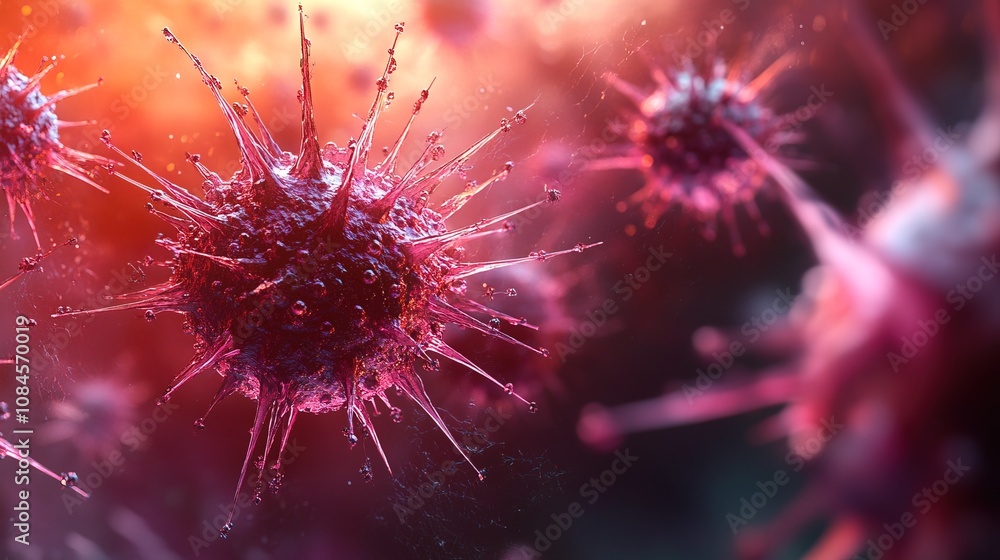 A detailed image showcasing virus particles with spiky surfaces A detailed image showcasing virus particles with spiky surfaces