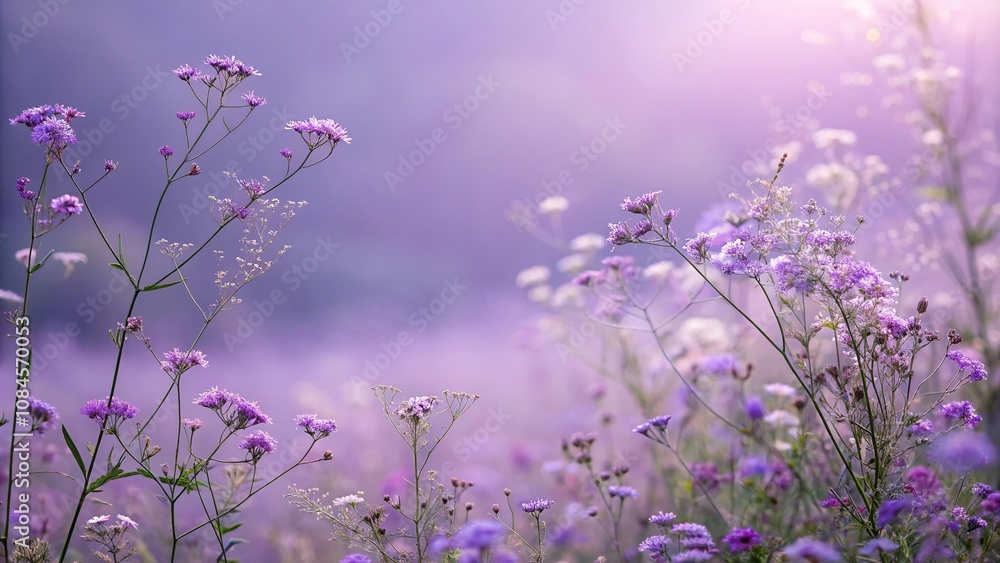 Obraz premium Violet Floral Background with Delicate Wildflowers, whimsical garden, pastel colors, wildflower field, bohemian style