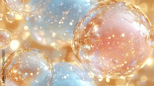 Shimmering iridescent bubbles with glittering light reflections in soft pastel hues
