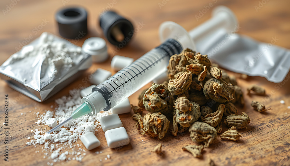 custom made wallpaper toronto digitalDifferent type of drugs: cocaine, heroin syringe and dried cannabis on a table. Drug use, crime and addiction concept isolated with white highlights, png