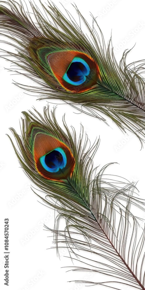 Fototapeta premium Vivid eye-catching peacock feathers contrasted against clean white background, beautiful, colorful, bird