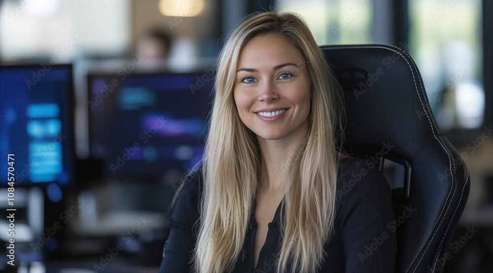 Smiling Young Woman Working at a Modern Computer Setup Smiling Young Woman Working at a Modern Computer Setup