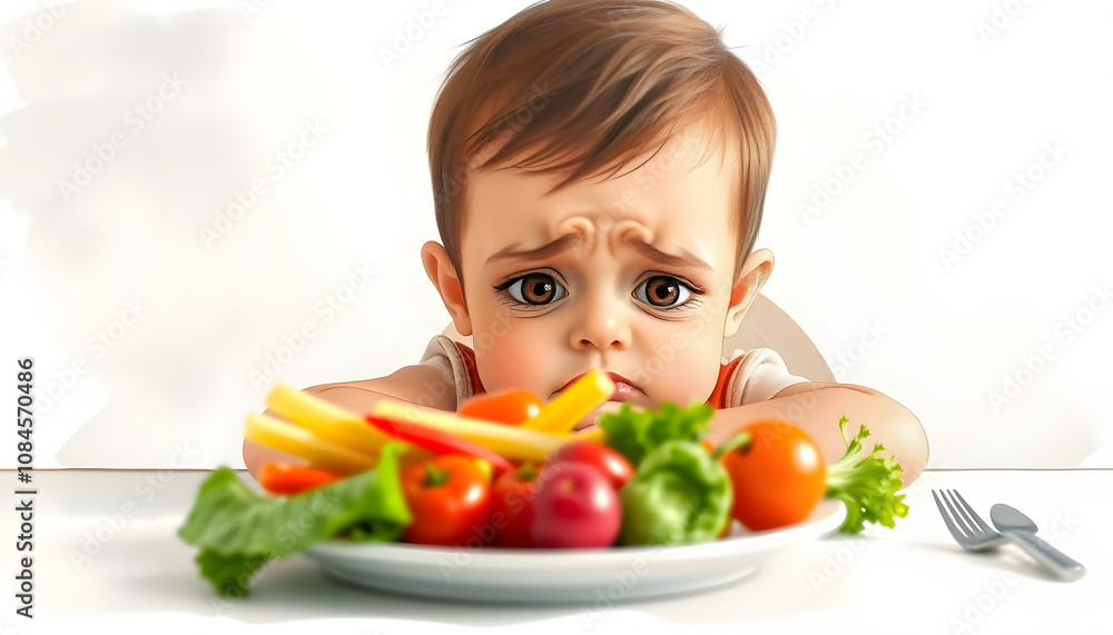 Cute little boy sitting at the table, unhappy with his vegetable meal, bad eating habits, nutrition and healthy eating concept isolated with white highlights, png Cute little boy sitting at the table, unhappy with his vegetable meal, bad eating habits, nutrition and healthy eating concept isolated with white highlights, png