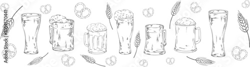 Glass pilsner beer set collection vector illustration for your company or brand banner set refreshing cool beverage with foam, Octoberfest, pub bar menu design with snacks bretzel, ears of wheat, corn
