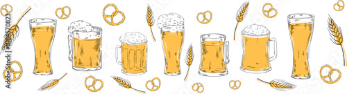 Glass pilsner beer set collection vector illustration for your company or brand banner set refreshing cool beverage with foam, Octoberfest, pub bar menu design with snacks bretzel, ears of wheat, corn