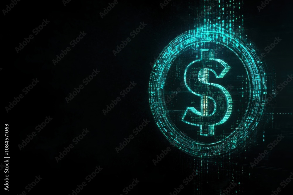Obraz premium Digital finance concept with glowing dollar symbol and binary code for technology and innovation design