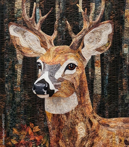 A quilted deer portrait that showcases the craftsmanship of fabric and design in earthy tones. photo