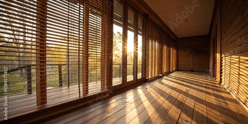 Warm golden light filters through old wooden blinds creating a cozy atmosphere, cozy ambiance, warm tones, warm glow, retro decor, wooden blinds