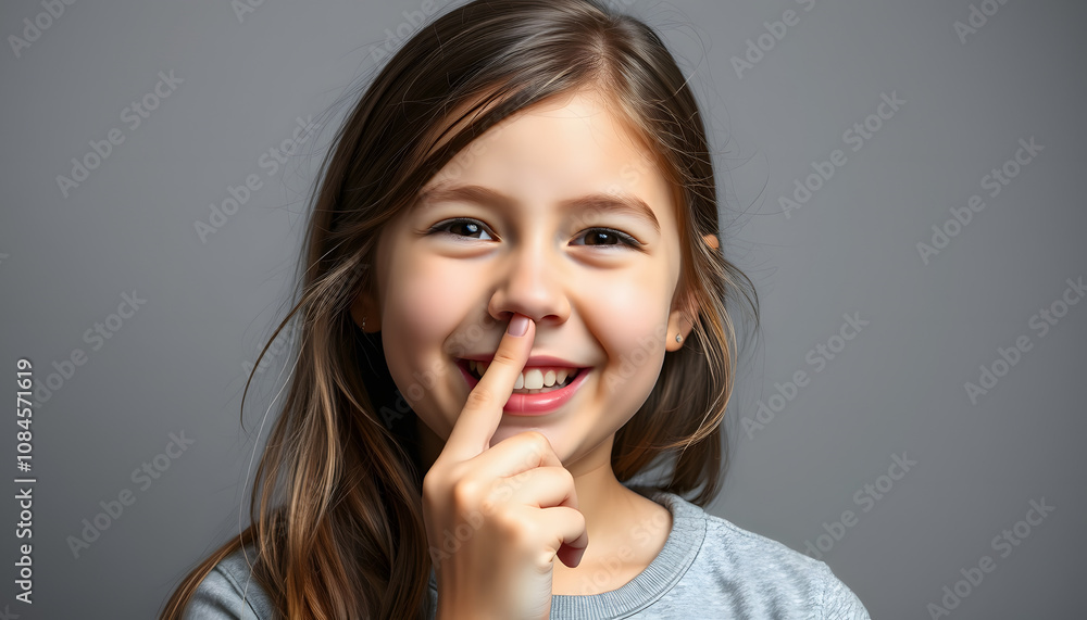 Portrait of teen girl pick her nose on grey background. Funny cute child with finger in nose. Health care and hygiene concept. Girl picking nose and laughs isolated with white highlights, png Portrait of teen girl pick her nose on grey background. Funny cute child with finger in nose. Health care and hygiene concept. Girl picking nose and laughs isolated with white highlights, png