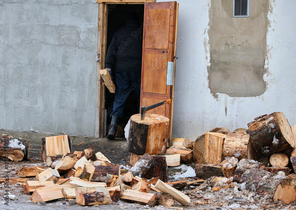 Old ax and a deck for chopping wood. Old ax and a deck for chopping wood.