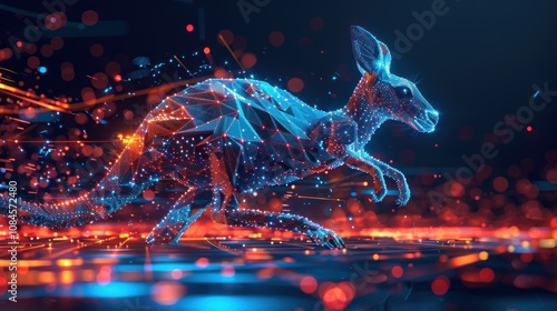 A digital rendering of a kangaroo, made of glowing blue polygons, jumping across a dark background with red and blue light trails. photo