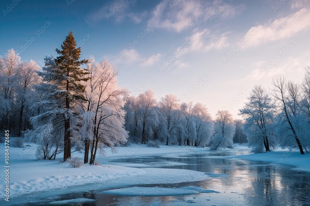 Joyful Winter Nature Landscape with Trees and Ice Joyful Winter Nature Landscape with Trees and Ice
