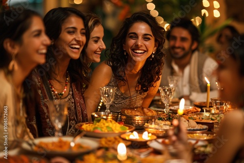 A group of friends shares laughter and stories around a beautifully set dinner table adorned with candles and delicious dishes during an evening celebration filled with joy