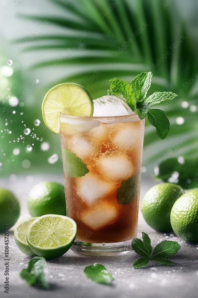 Fototapeta premium Refreshing cocktail with lime and mint surrounded by fresh limes in a tropical setting