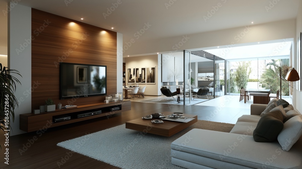 Modern living room with large TV, wooden paneling, comfortable seating, and open layout leading to outdoor patio with greenery. Modern living room with large TV, wooden paneling, comfortable seating, and open layout leading to outdoor patio with greenery.