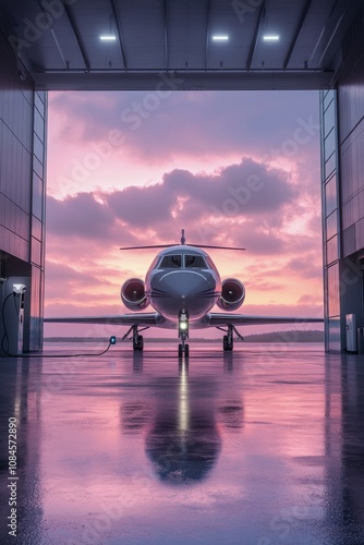 A sleek private jet parked at a modern terminal during sunset with dramatic clouds in the sky