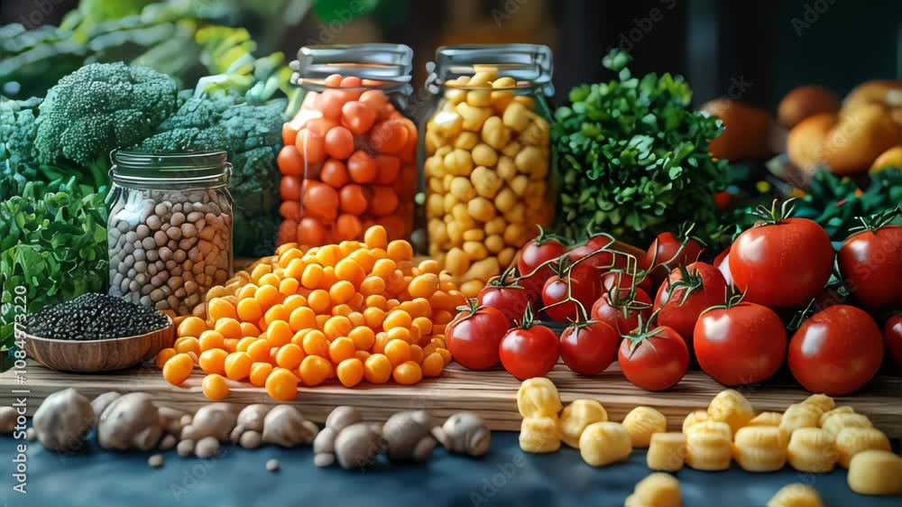 Vibrant display of fresh vegetables, beans, and greens in wooden bowls, representing healthy eating, sustainability, and organic food Vibrant display of fresh vegetables, beans, and greens in wooden bowls, representing healthy eating, sustainability, and organic food
