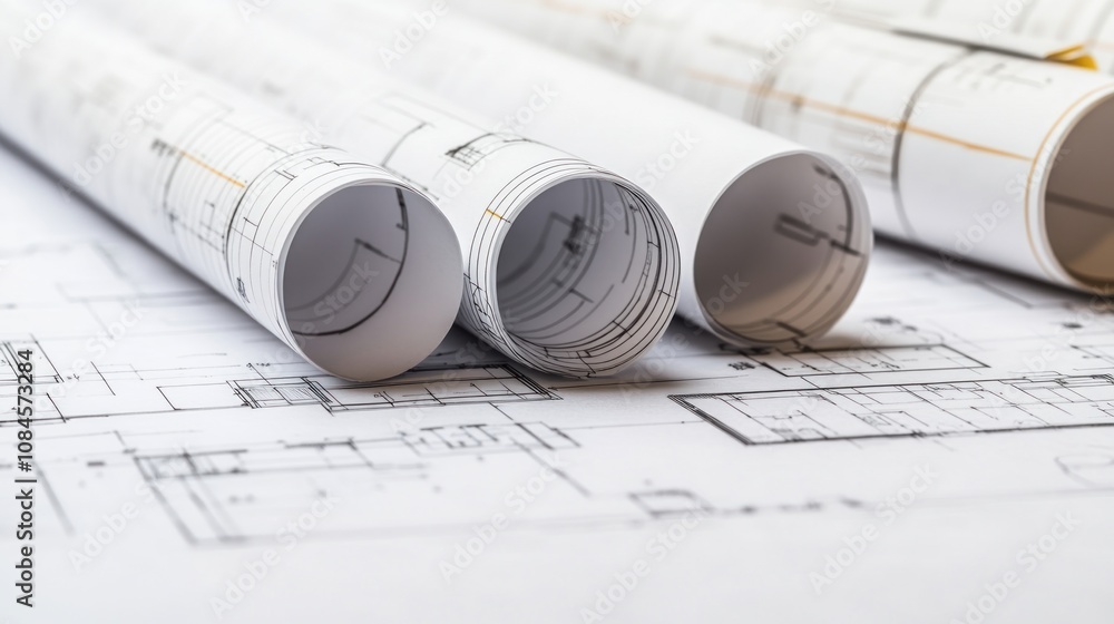 Architectural blueprints rolled and laid out for design and planning purposes. Architectural blueprints rolled and laid out for design and planning purposes.