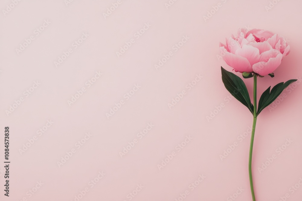 Fototapeta premium A single pink peony flower stands tall against a soft blue background in a tranquil setting