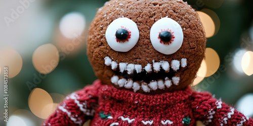 gingerbread man wearing ugly christmas sweater, solid background, copy space 