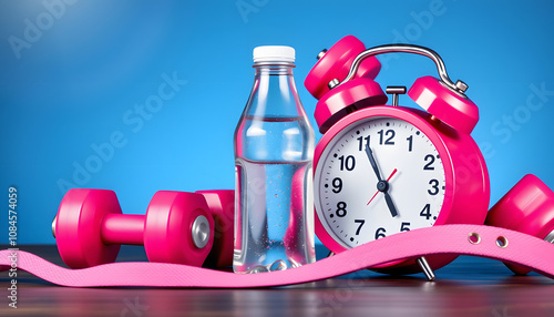 Fitness background with bottle of water, dumbbells and alarm clock isolated with white highlights, png