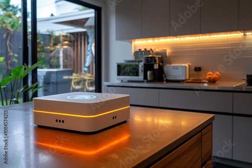 A sleek smart home device rests on a kitchen island, glowing softly with orange lights. The contemporary kitchen features various appliances and a warm, inviting atmosphere