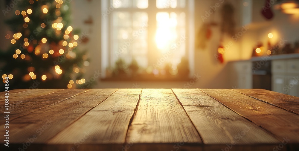 Festive kitchen backdrop with empty wooden table in foreground, Christmas tree and twinkling lights creating a warm, cozy atmosphere for holiday cooking and gatherings Festive kitchen backdrop with empty wooden table in foreground, Christmas tree and twinkling lights creating a warm, cozy atmosphere for holiday cooking and gatherings