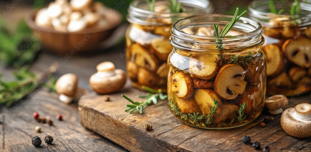 Mushrooms preserved in jars with burlap lids on wooden table in rustic kitchen setting Mushrooms preserved in jars with burlap lids on wooden table in rustic kitchen setting