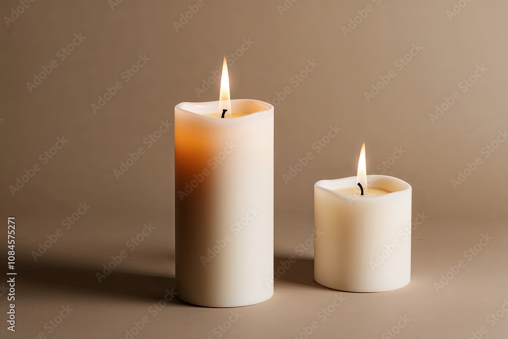 Sleek Modern Pillar Candle with Flame on Neutral Background Sleek Modern Pillar Candle with Flame on Neutral Background