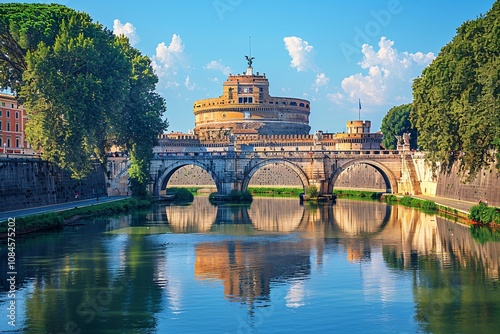 The impressive Castel Sant'Angelo stands majestically above the Tiber River, its ancient architecture beautifully reflected in the calm water. Lush greenery frames the scene under a bright blue sky