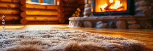 bearskin rug in cabin living room, fireplace in background 