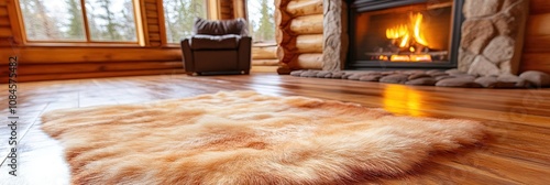 bearskin rug in cabin living room, fireplace in background 