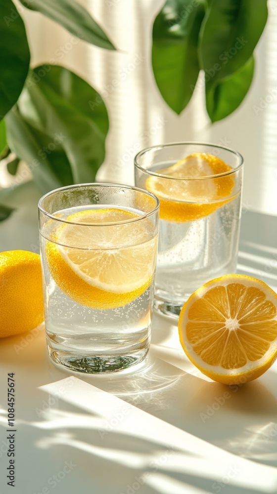 Refreshing lemon water served in glasses with fresh lemon slices and green leaves on a sunny table Refreshing lemon water served in glasses with fresh lemon slices and green leaves on a sunny table