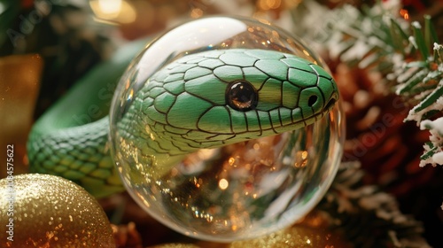 A green snake coiled inside a transparent glass ball