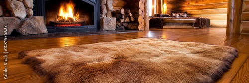 bearskin rug in cabin living room, fireplace in background 