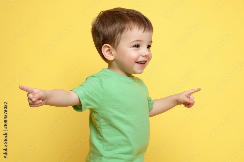 A young boy in a green shirt gestures towards an object or scene, making it perfect for illustrations on curiosity and exploration A young boy in a green shirt gestures towards an object or scene, making it perfect for illustrations on curiosity and exploration