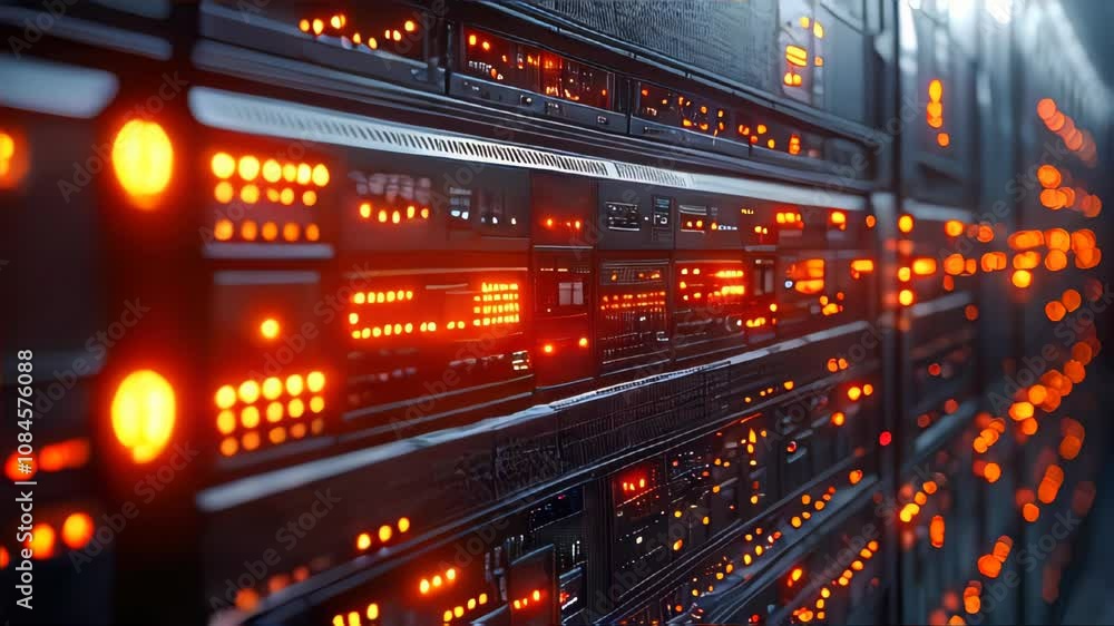 Close-up of a futuristic data server with bright orange LED indicators. The image highlights the technological details of high-end computer servers in a data center Close-up of a futuristic data server with bright orange LED indicators. The image highlights the technological details of high-end computer servers in a data center