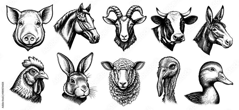 Obraz premium Vintage farm animal heads collection ink style illustrations set, hand drawn illustrations, isolated on white background, vector illustrations, engraved.