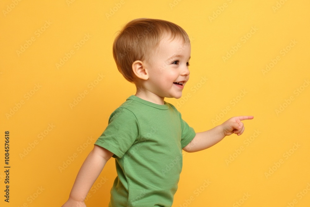 A young boy wearing a green shirt points at something with curiosity, suitable for use as an illustration for educational or creative purposes A young boy wearing a green shirt points at something with curiosity, suitable for use as an illustration for educational or creative purposes