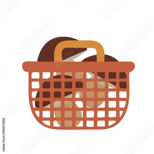 Colored hand-drawn vector illustration of three fresh mushrooms in the basket isolated on a white background