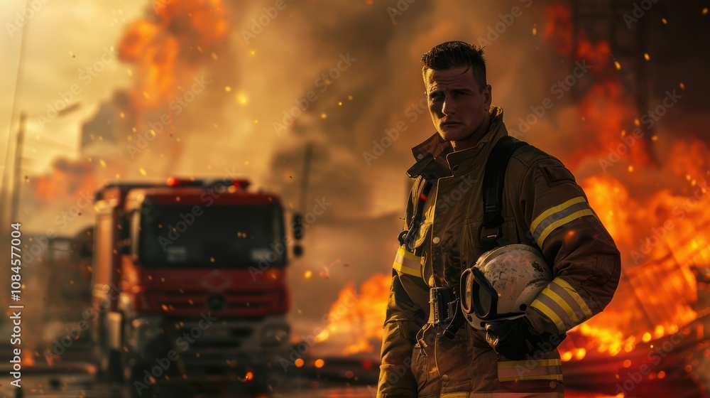 Naklejka premium Brave Firefighter Standing Firm Amidst Urban Blaze for Emergency Services Awareness