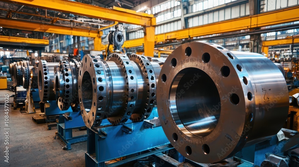 Precision Engineering: Close-Up View of Metallic Flanges in a Modern Manufacturing Facility with Industrial Machinery in a Brightly Lit Workshop Precision Engineering: Close-Up View of Metallic Flanges in a Modern Manufacturing Facility with Industrial Machinery in a Brightly Lit Workshop