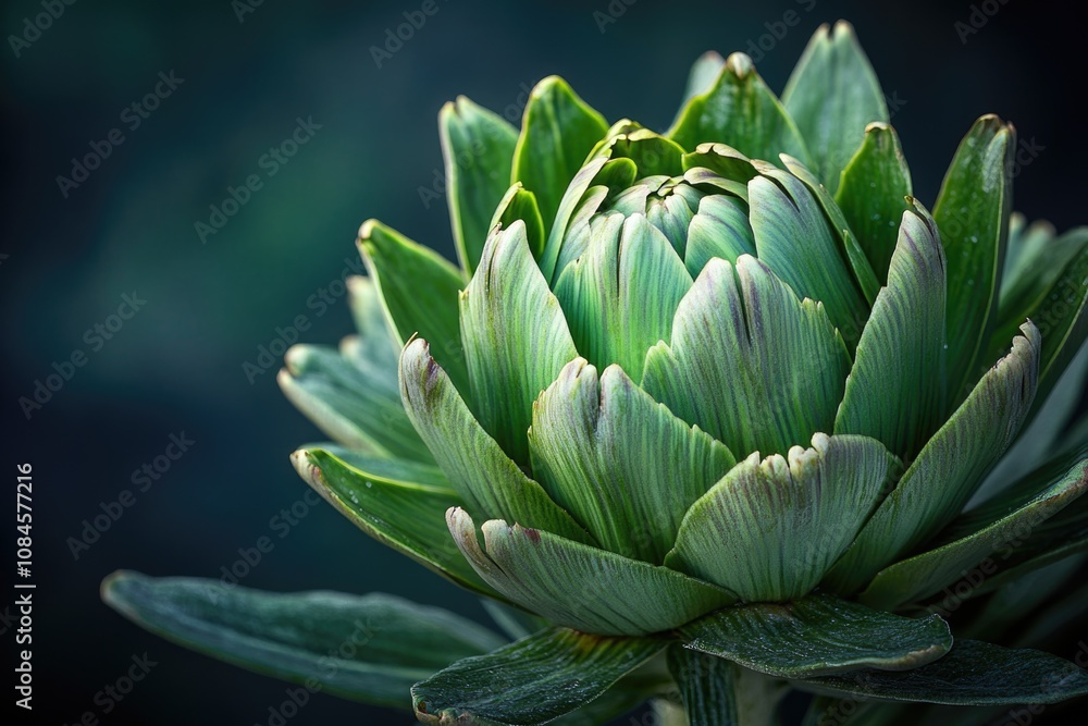 Close-up shot of an artichoke plant with green leaves, ideal for food or botanical use Close-up shot of an artichoke plant with green leaves, ideal for food or botanical use