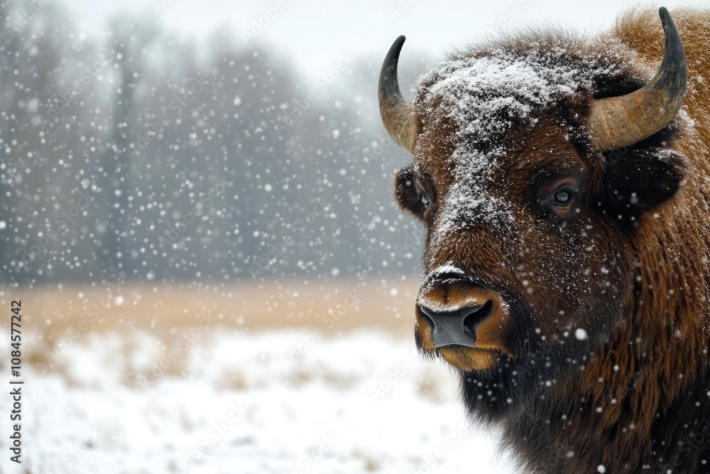 A bison stands alone in a snowy field, providing a unique winter landscape image A bison stands alone in a snowy field, providing a unique winter landscape image