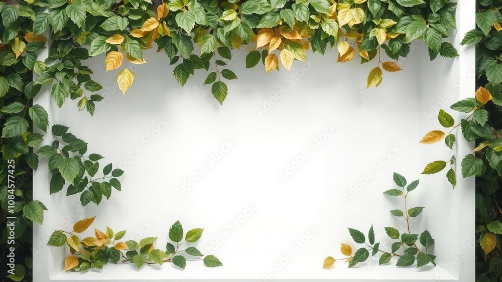 White showcase filled with lush green and gold leaves, nature, gold White showcase filled with lush green and gold leaves, nature, gold